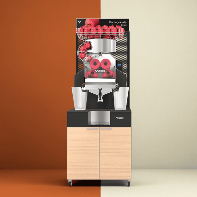 Zumex 11816 Speed Pomegranates Juice Corner Automatic Feed Juicer — 30 Fruits / Minute, with Wide Oiled Oak Podium