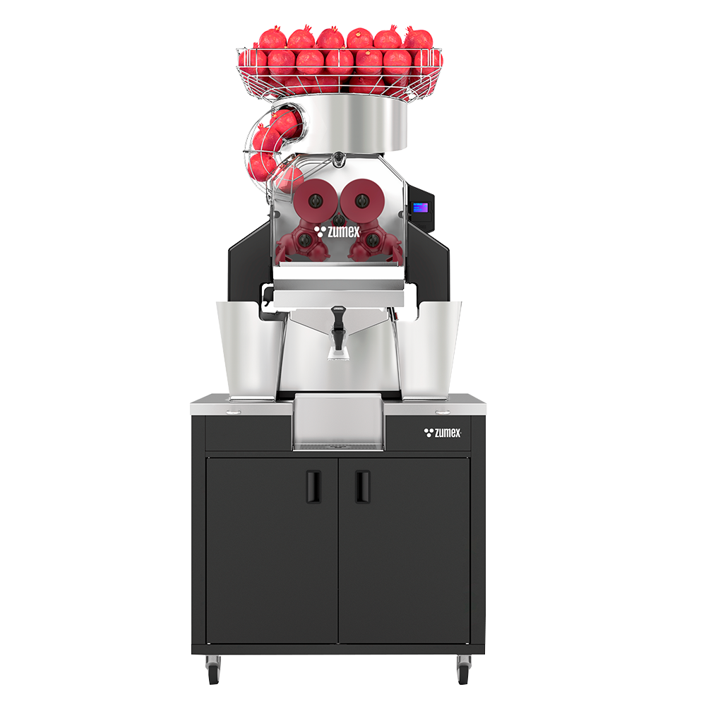 Zumex 10007 Speed Pomegranates All-in-One Automatic Feed Juicer — 30 Fruits / Minute, with Wide Black Podium