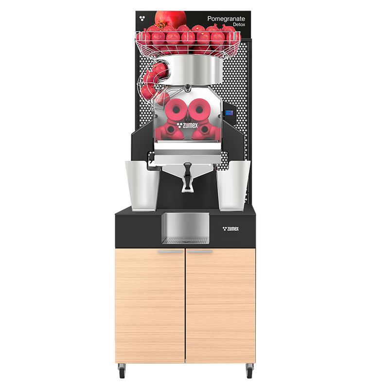 Zumex 11816 Speed Pomegranates Juice Corner Automatic Feed Juicer — 30 Fruits / Minute, with Wide Oiled Oak Podium
