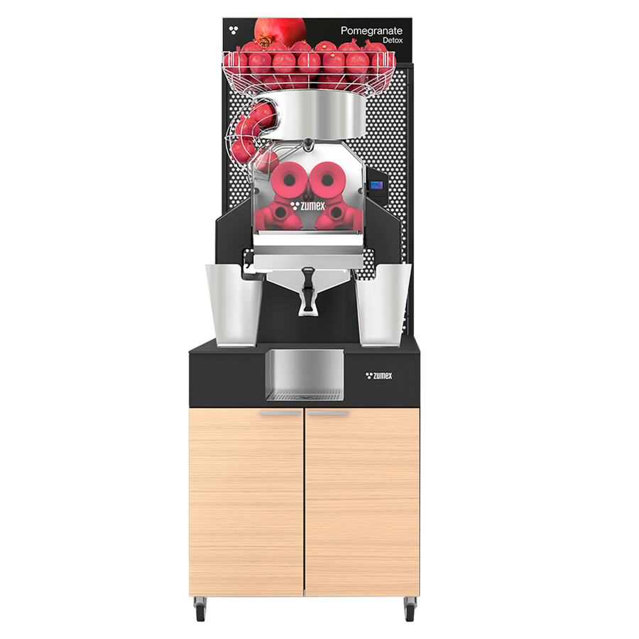 Zumex 11816 Speed Pomegranates Juice Corner Automatic Feed Juicer — 30 Fruits / Minute, with Wide Oiled Oak Podium