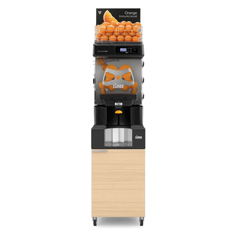 Zumex 11967 Versatile Star Juice Corner Slim Automatic Feed Juicer — 40 Fruits / Minute, Oiled Oak Color, with Podium