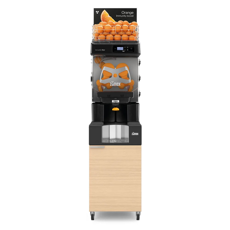 Zumex 11967 Versatile Star Juice Corner Slim Automatic Feed Juicer — 40 Fruits / Minute, Oiled Oak Color, with Podium