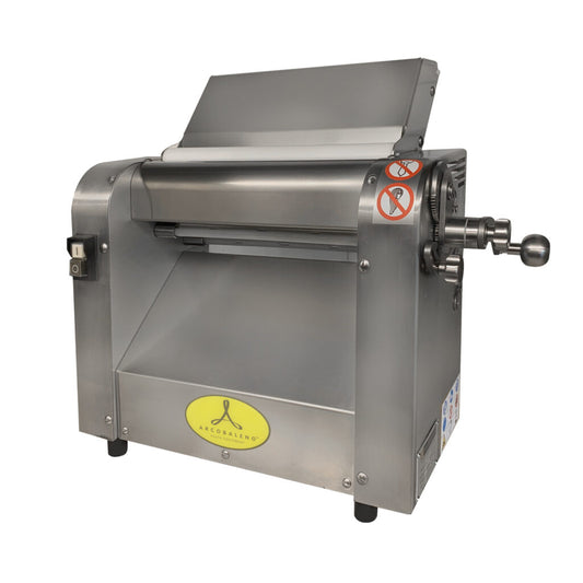 Arcobaleno ASC320 Enza 12 1/2" Countertop Dough Sheeter — with 2 Dough Feed Openings, Stainless Steel Rollers