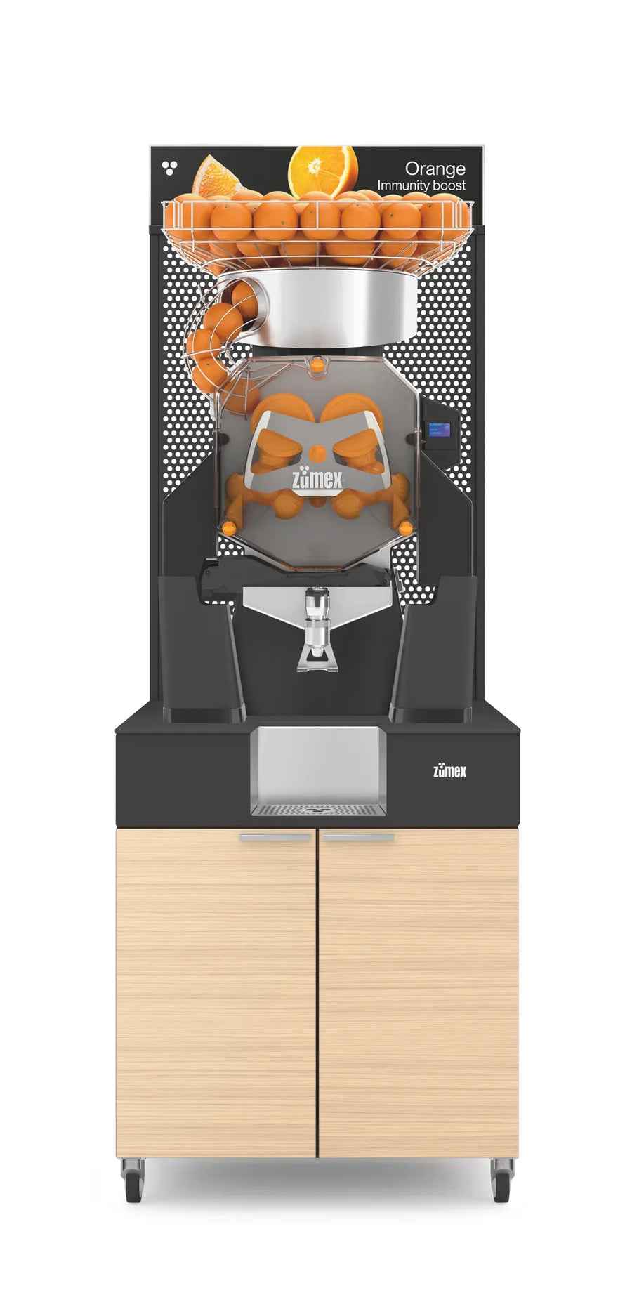 Zumex 11814 Speed S +plus Juice Corner Automatic Feed Juicer — 40 Fruits / Minute, Self Service, with Wide Oiled Oak Podium